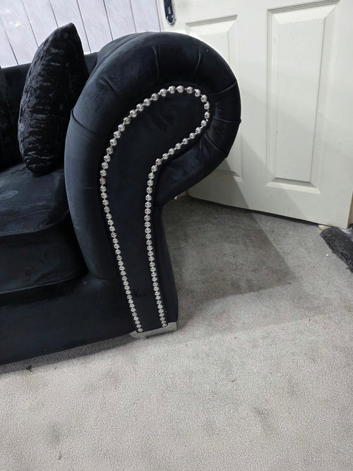 Onyx Black Velvet 3 &amp; 2 Seater Curved Sofa Set – Silver Studded Shop Display Clearance Livara Interiors