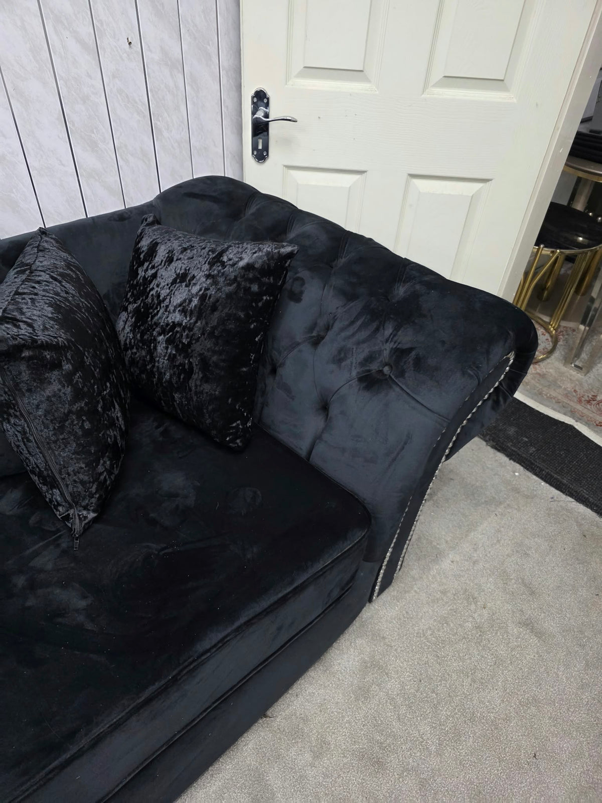 Onyx Black Velvet 3 &amp; 2 Seater Curved Sofa Set – Silver Studded Shop Display Clearance Livara Interiors