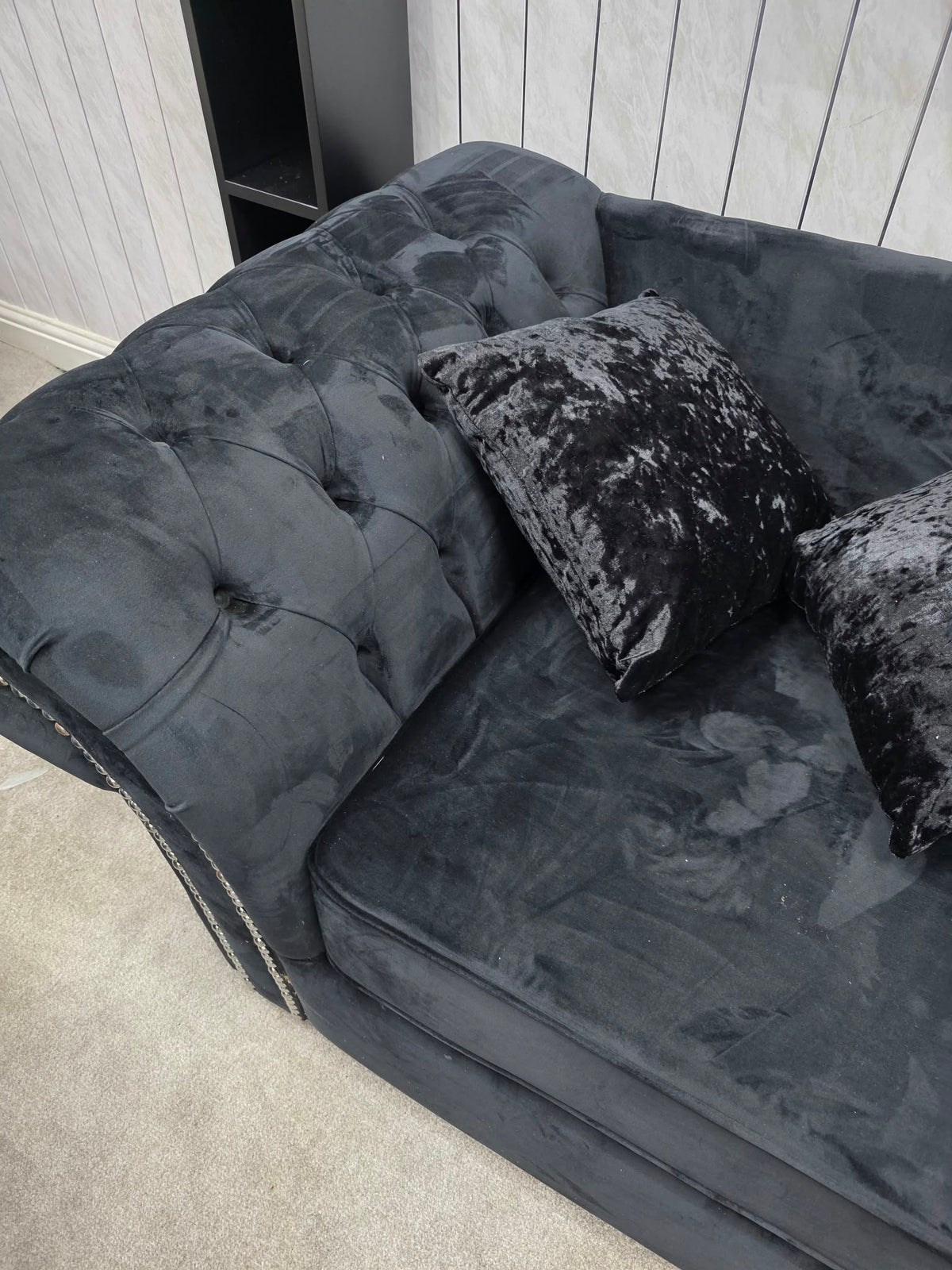 Onyx Black Velvet 3 &amp; 2 Seater Curved Sofa Set – Silver Studded Shop Display Clearance Livara Interiors