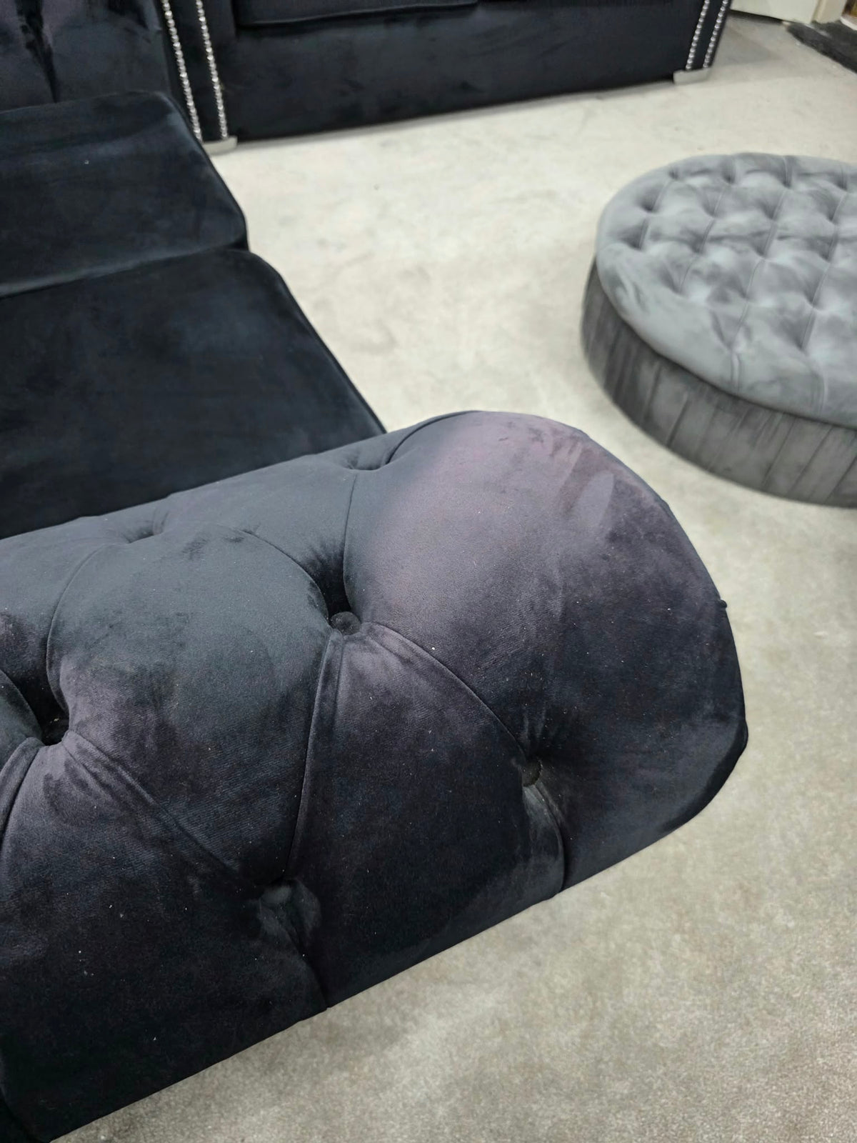 Onyx Black Velvet 3 &amp; 2 Seater Curved Sofa Set – Silver Studded Shop Display Clearance Livara Interiors