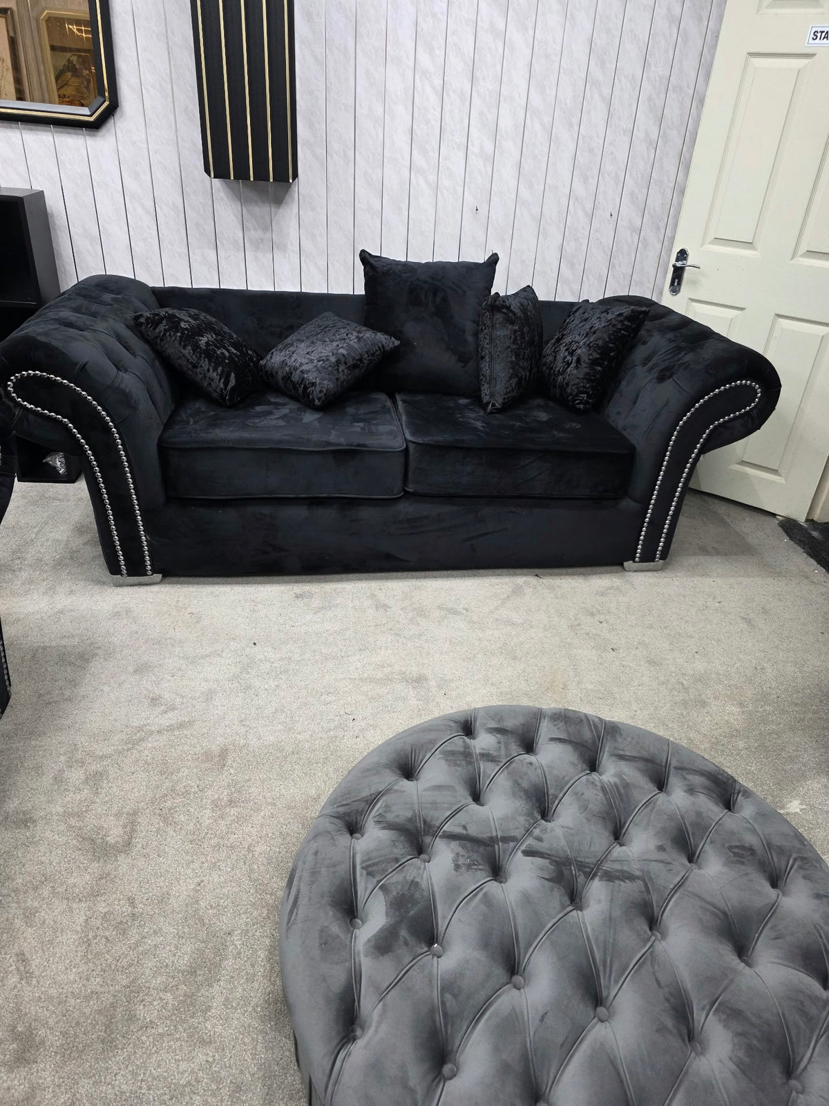 Onyx Black Velvet 3 &amp; 2 Seater Curved Sofa Set – Silver Studded Shop Display Clearance Livara Interiors