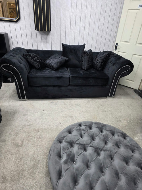 Onyx Black Velvet 3 &amp; 2 Seater Curved Sofa Set – Silver Studded Shop Display Clearance Livara Interiors