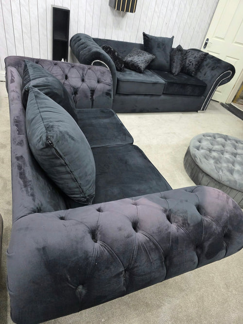 Onyx Black Velvet 3 &amp; 2 Seater Curved Sofa Set – Silver Studded Shop Display Clearance Livara Interiors
