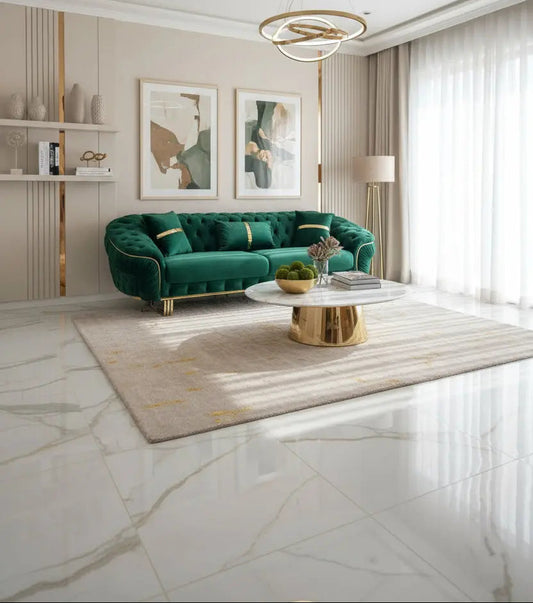 Ambassador 3-Seater Sofa – Emerald Green Velvet with Gold Legs & Detailing | Modern Luxury Sofa