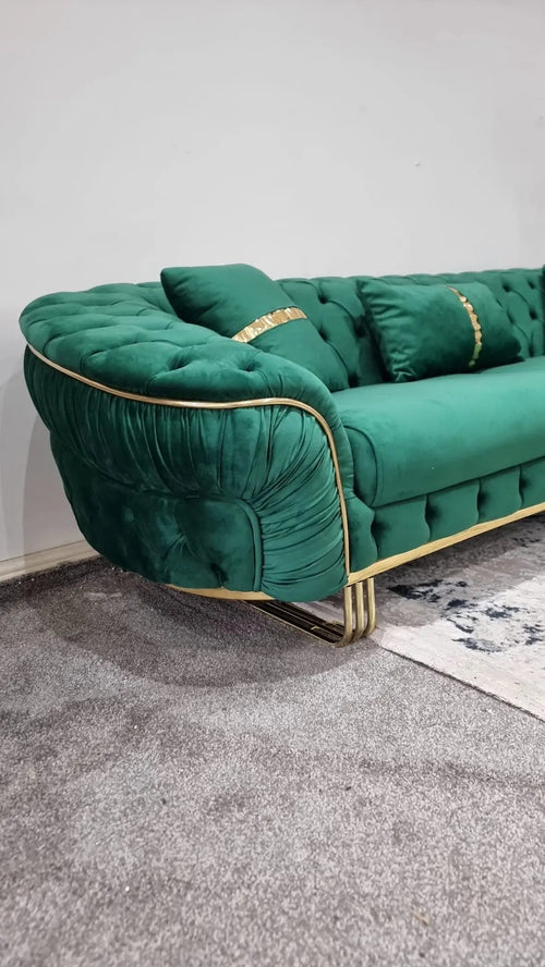 Ambassador 3-Seater Sofa – Emerald Green Velvet with Gold Legs & Detailing | Modern Luxury Sofa