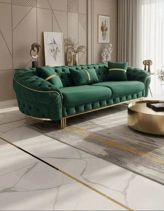Ambassador 3-Seater Sofa – Emerald Green Velvet with Gold Legs & Detailing | Modern Luxury Sofa