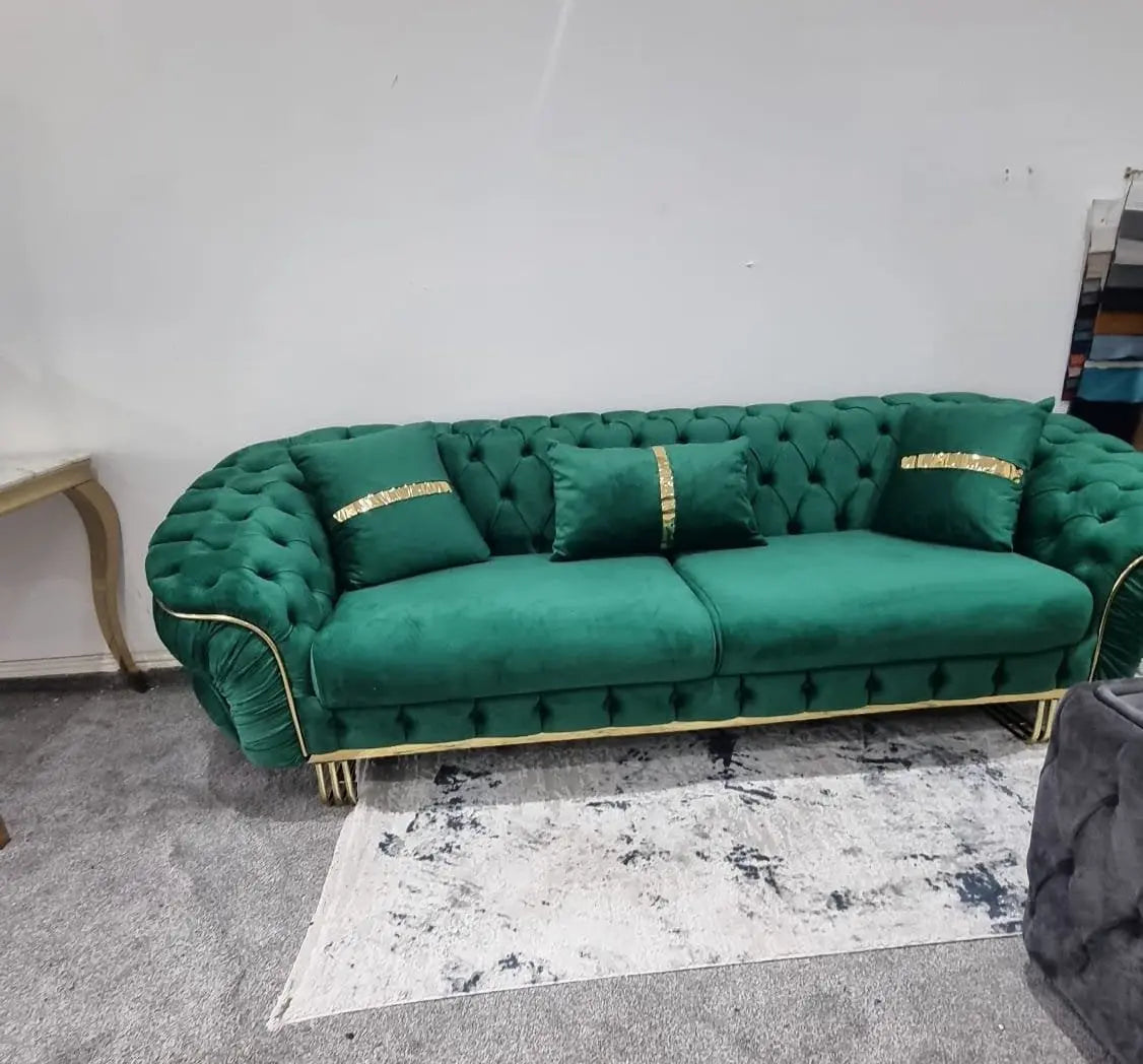 Ambassador 3-Seater Sofa – Emerald Green Velvet with Gold Legs & Detailing | Modern Luxury Sofa