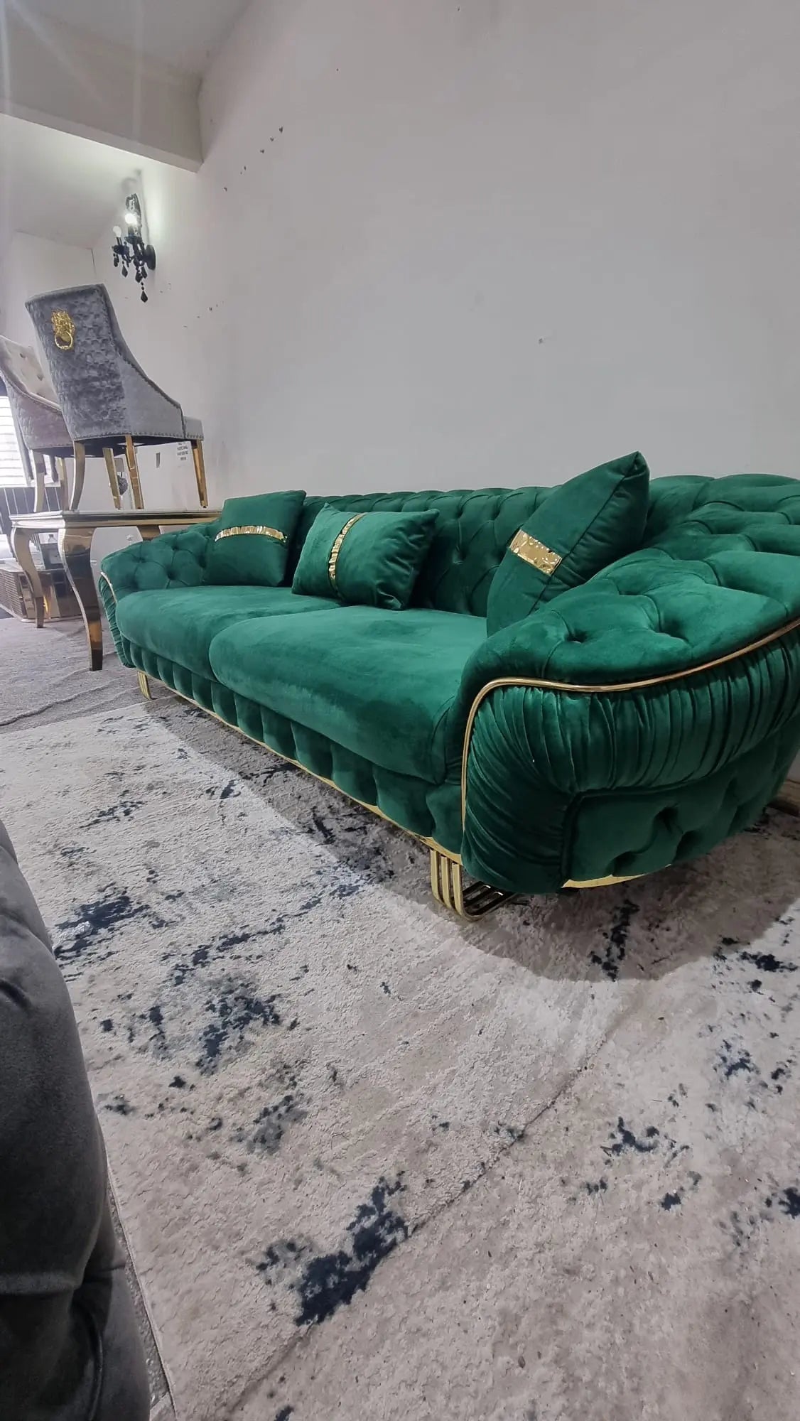 Ambassador 3-Seater Sofa – Emerald Green Velvet with Gold Legs & Detailing | Modern Luxury Sofa