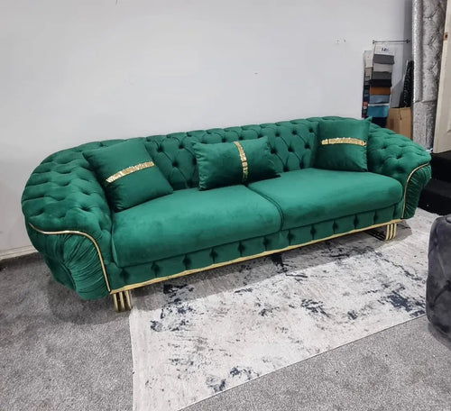 Ambassador 3-Seater Sofa – Emerald Green Velvet with Gold Legs & Detailing | Modern Luxury Sofa