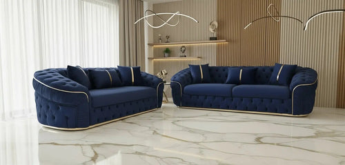 Ambassador Sofa Set – Navy Velvet with Gold Detailing | Modern Luxury Sofa