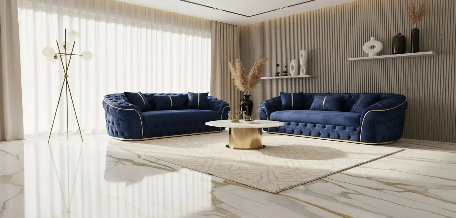 Ambassador Sofa Set – Navy Velvet with Gold Detailing | Modern Luxury Sofa