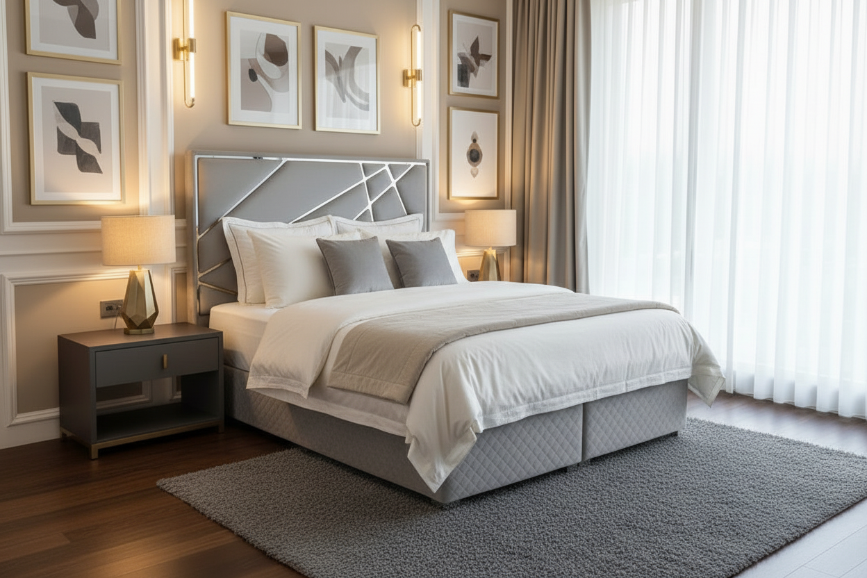 Helix Bedframe 5ft Kingsize Silver Velvet - Headboard & Base CELEBRITY INTERIORS