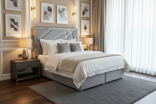 Helix Bedframe 5ft Kingsize Silver Velvet - Headboard & Base CELEBRITY INTERIORS