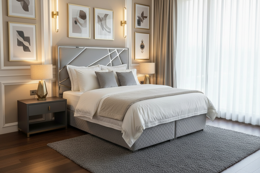 Helix Bedframe 5ft Kingsize Silver Velvet - Headboard & Base CELEBRITY INTERIORS