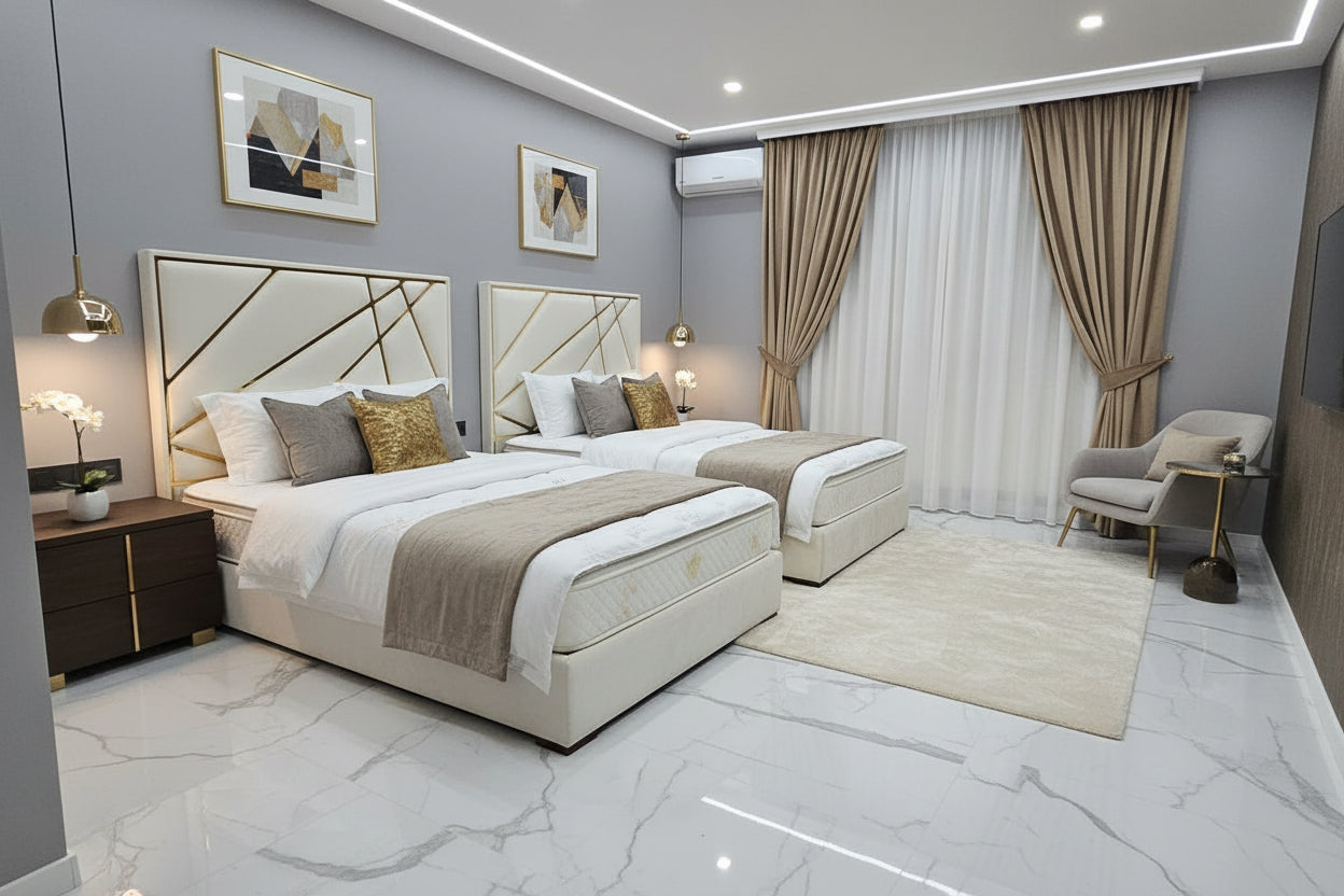 Helix Champagne Velvet Headboard with Gold Detailing
