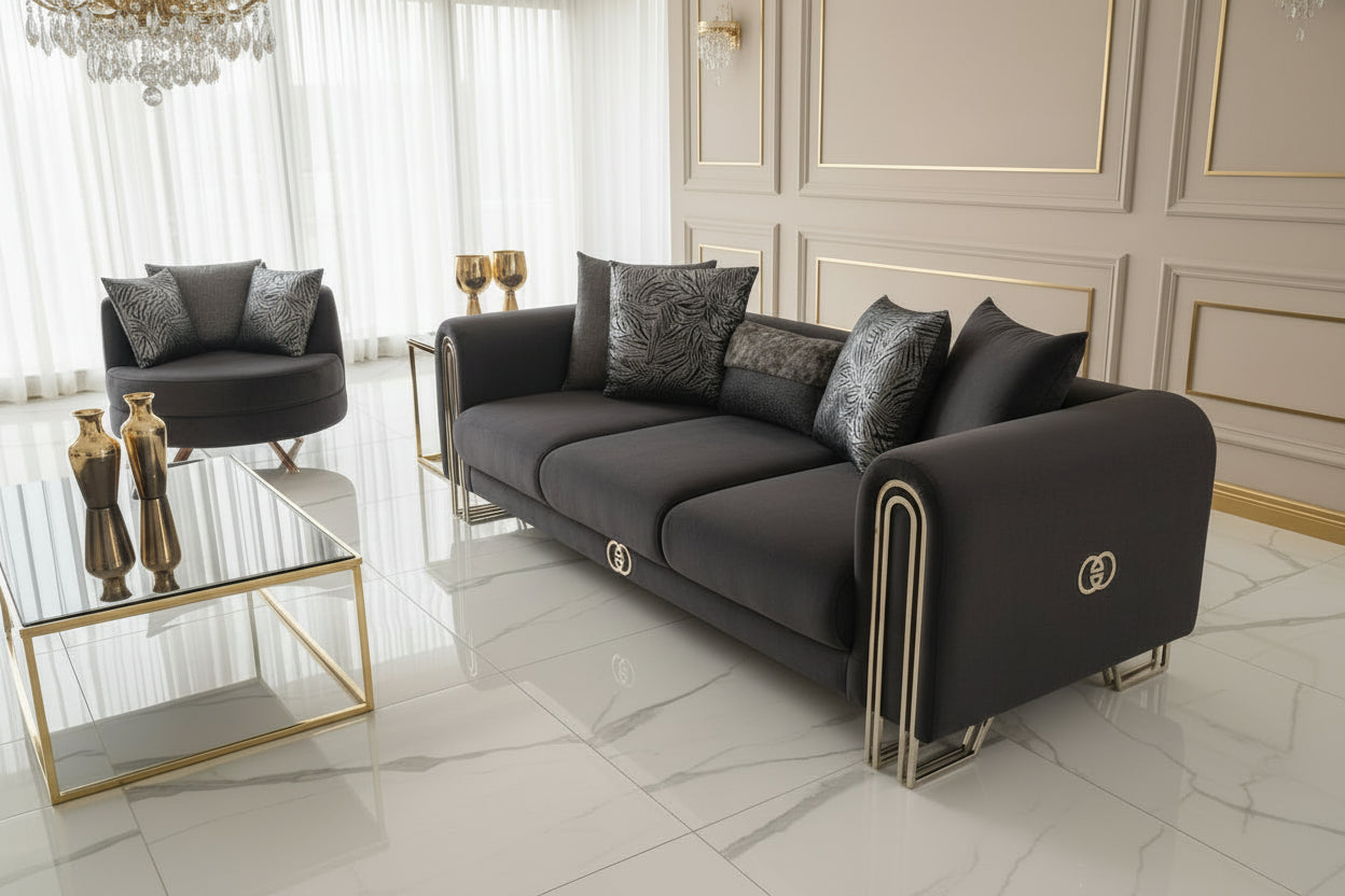 Elmira 3 +1 -Seater Velvet Sofa set – Grey Luxe Velvet with Chrome Legs F I INTERIORS
