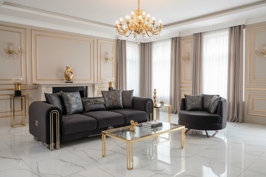 Elmira 3 +1 -Seater Velvet Sofa set – Grey Luxe Velvet with Chrome Legs F I INTERIORS