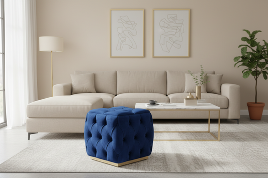 Square Velvet Pouf – Navy & Grey Options, Modern Accent Piece Livara Interiors