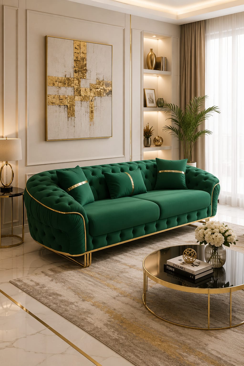 Ambassador 3-Seater Sofa – Emerald Green Velvet with Gold Legs & Detailing | Modern Luxury Sofa CELEBRITY INTERIORS