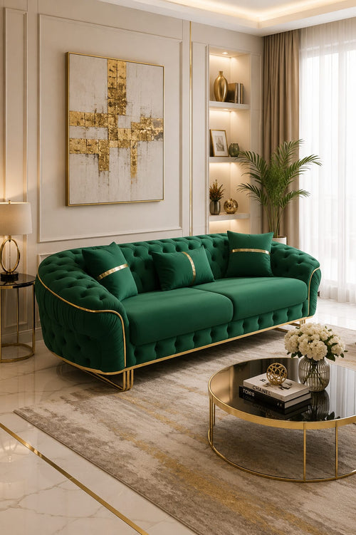 Ambassador 3-Seater Sofa – Emerald Green Velvet with Gold Legs & Detailing | Modern Luxury Sofa CELEBRITY INTERIORS