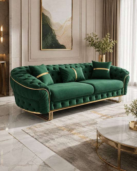 Ambassador 3-Seater Sofa – Emerald Green Velvet with Gold Legs & Detailing | Modern Luxury Sofa CELEBRITY INTERIORS