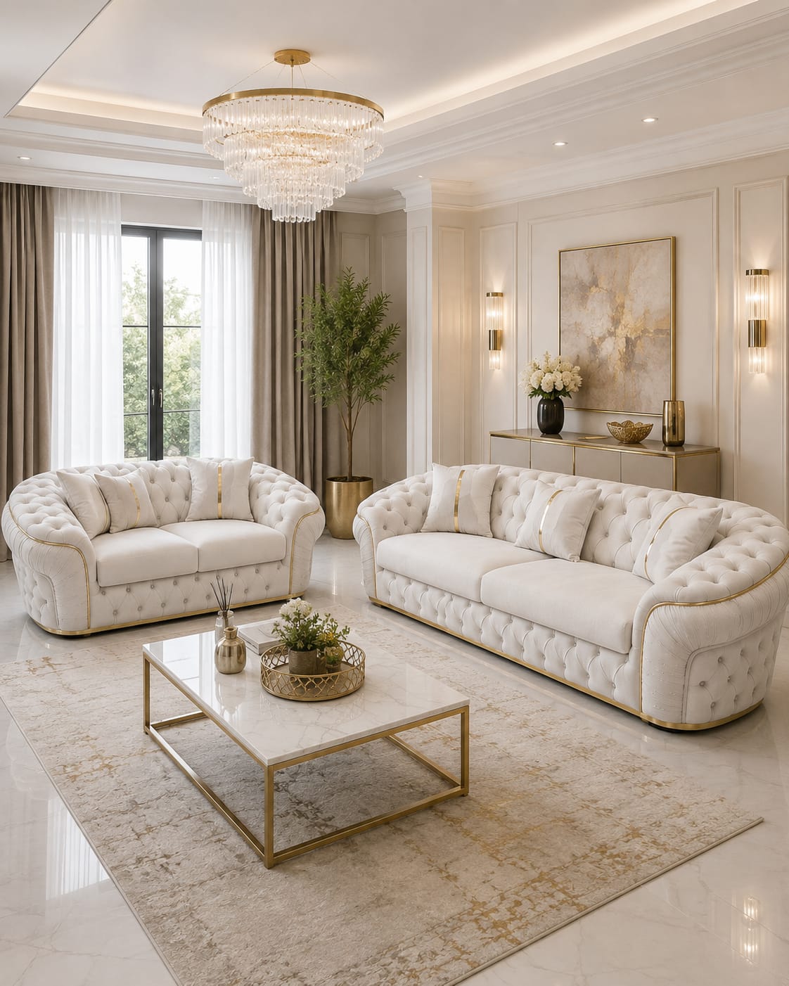 Ambassador 3+2 Seater Sofa – Champagne Velvet with Gold Detailing | Luxury Modern Sofa CELEBRITY INTERIORS