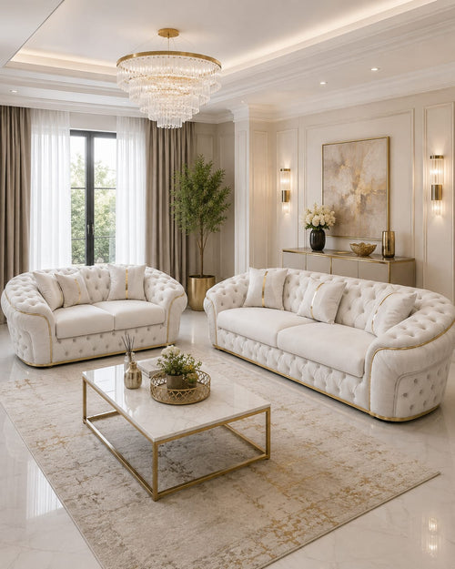 Ambassador 3+2 Seater Sofa – Champagne Velvet with Gold Detailing | Luxury Modern Sofa CELEBRITY INTERIORS