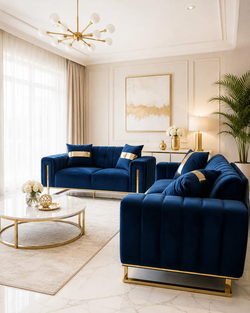 Genova 3+2 Seater Sofa Range – Navy Velvet with Gold Legs | Modern Luxury Sofa Livara Interiors