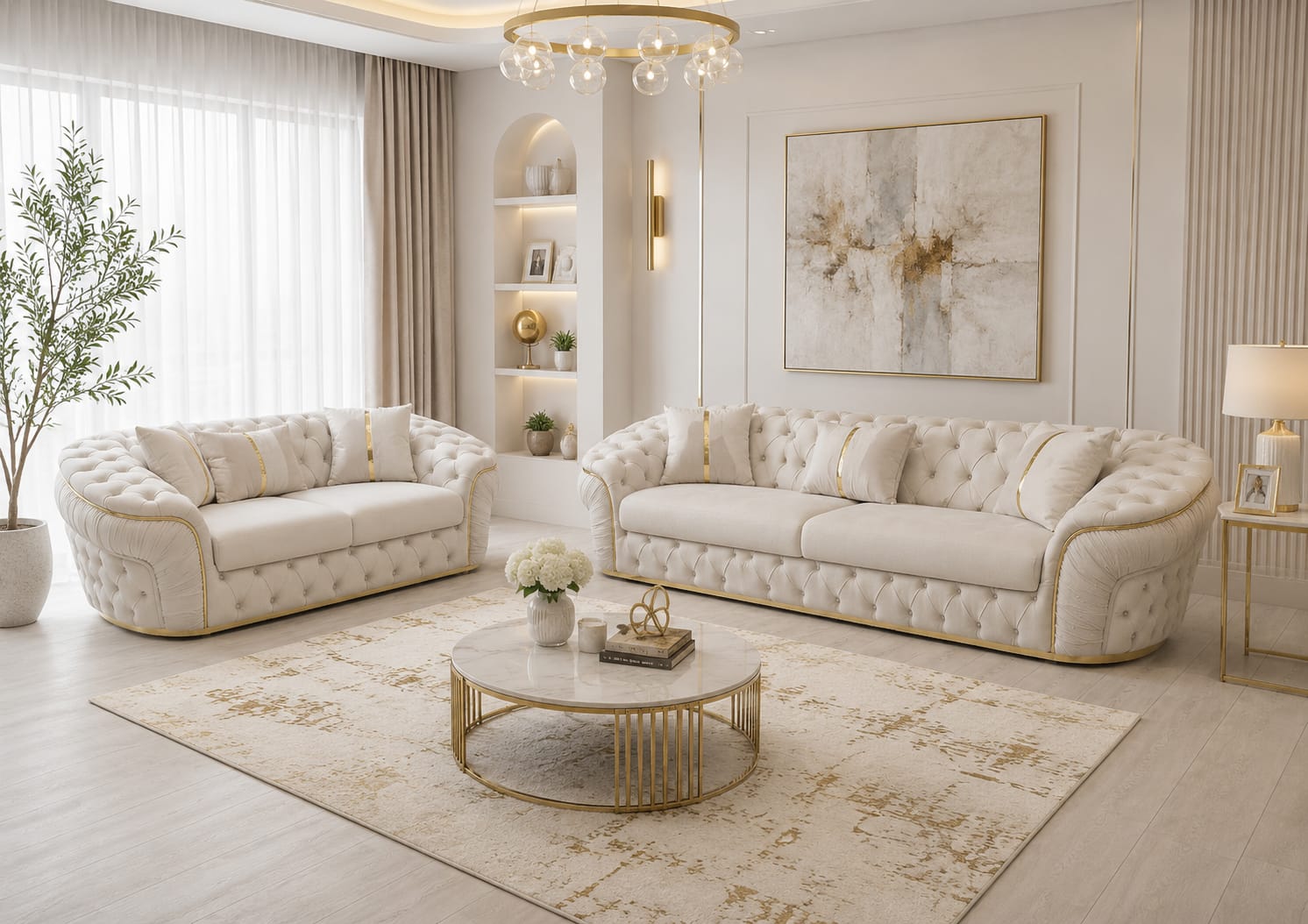 Ambassador 3+2 Seater Sofa – Champagne Velvet with Gold Detailing | Luxury Modern Sofa CELEBRITY INTERIORS