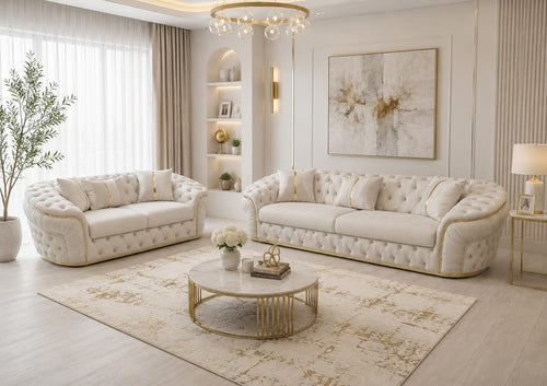 Ambassador 3+2 Seater Sofa – Champagne Velvet with Gold Detailing | Luxury Modern Sofa CELEBRITY INTERIORS