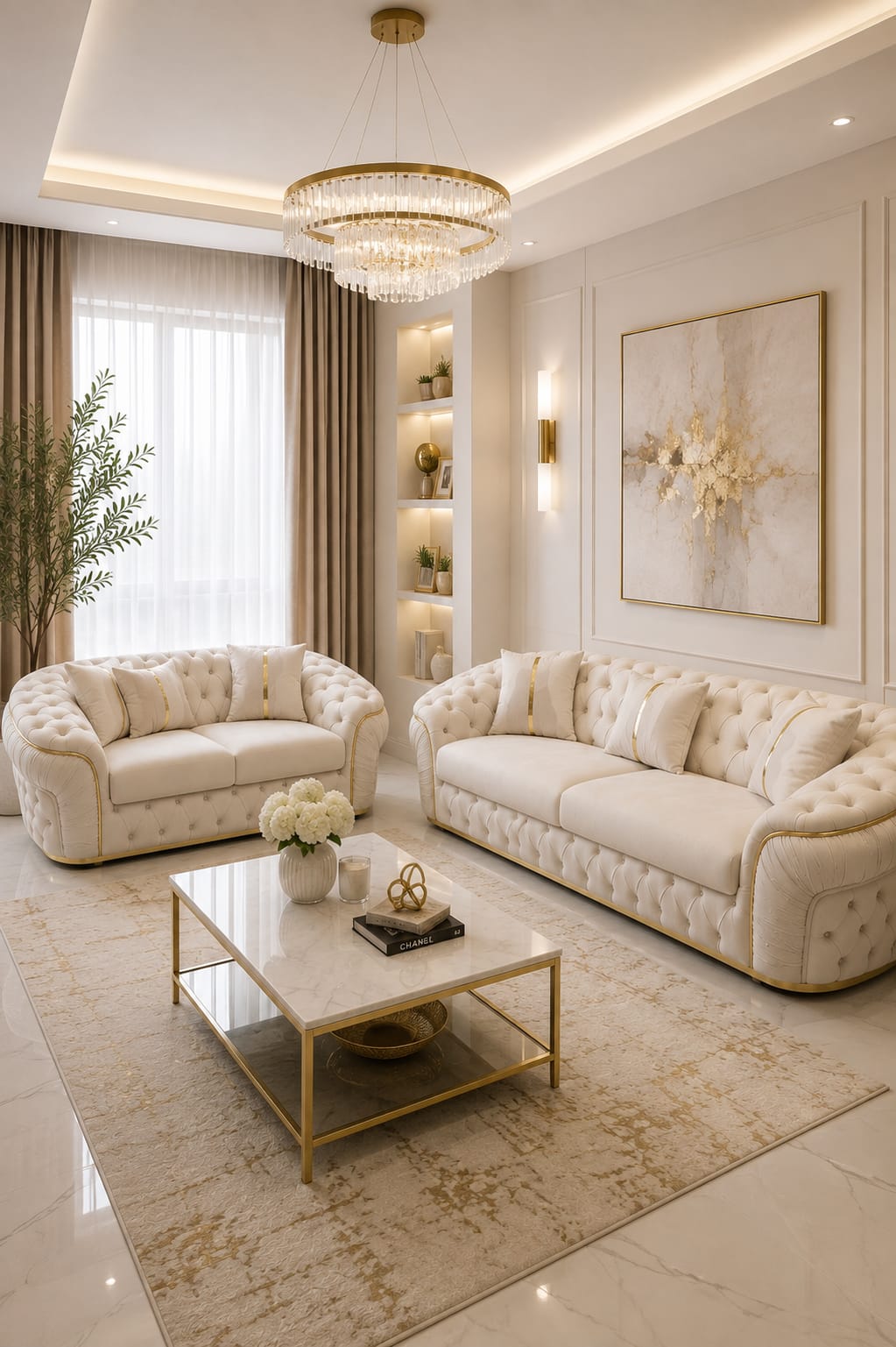 Ambassador 3+2 Seater Sofa – Champagne Velvet with Gold Detailing | Luxury Modern Sofa CELEBRITY INTERIORS