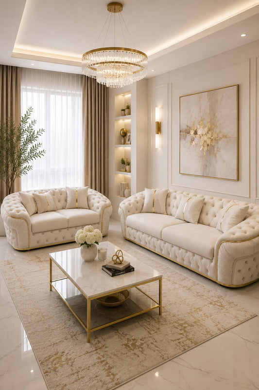 Ambassador 3+2 Seater Sofa – Champagne Velvet with Gold Detailing | Luxury Modern Sofa CELEBRITY INTERIORS