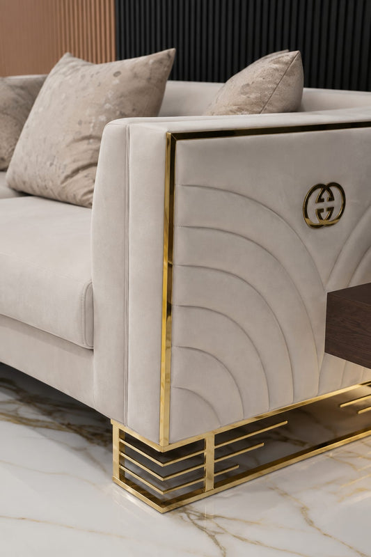 Bahrain 3+2 Seater Sofa Set – Champagne Velvet with Gold Detailing & Legs | Modern Luxury Sofa F I INTERIORS