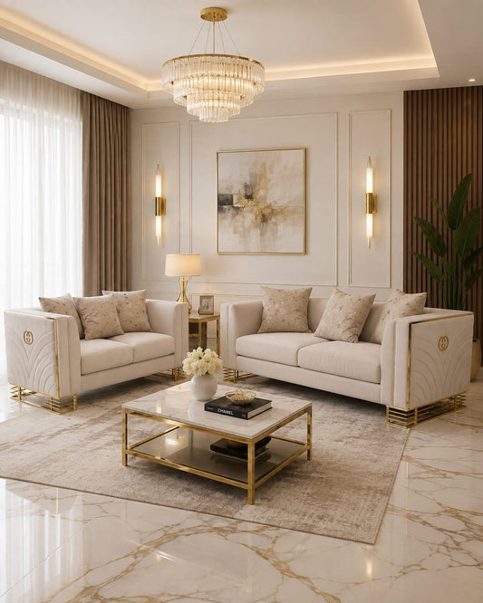Bahrain 3+2 Seater Sofa Set – Champagne Velvet with Gold Detailing & Legs | Modern Luxury Sofa F I INTERIORS