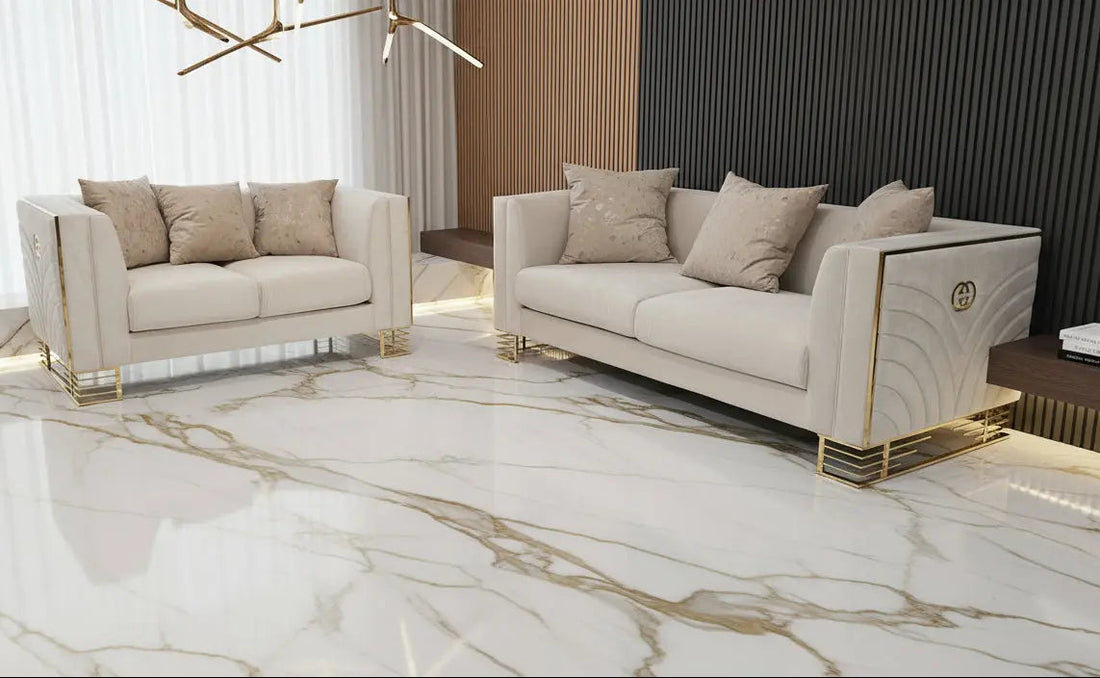 Bahrain 3+2 Seater Sofa Set – Champagne Velvet with Gold Detailing & Legs | Modern Luxury Sofa F I INTERIORS