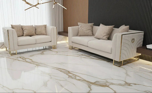 Bahrain 3+2 Seater Sofa Set – Champagne Velvet with Gold Detailing & Legs | Modern Luxury Sofa F I INTERIORS