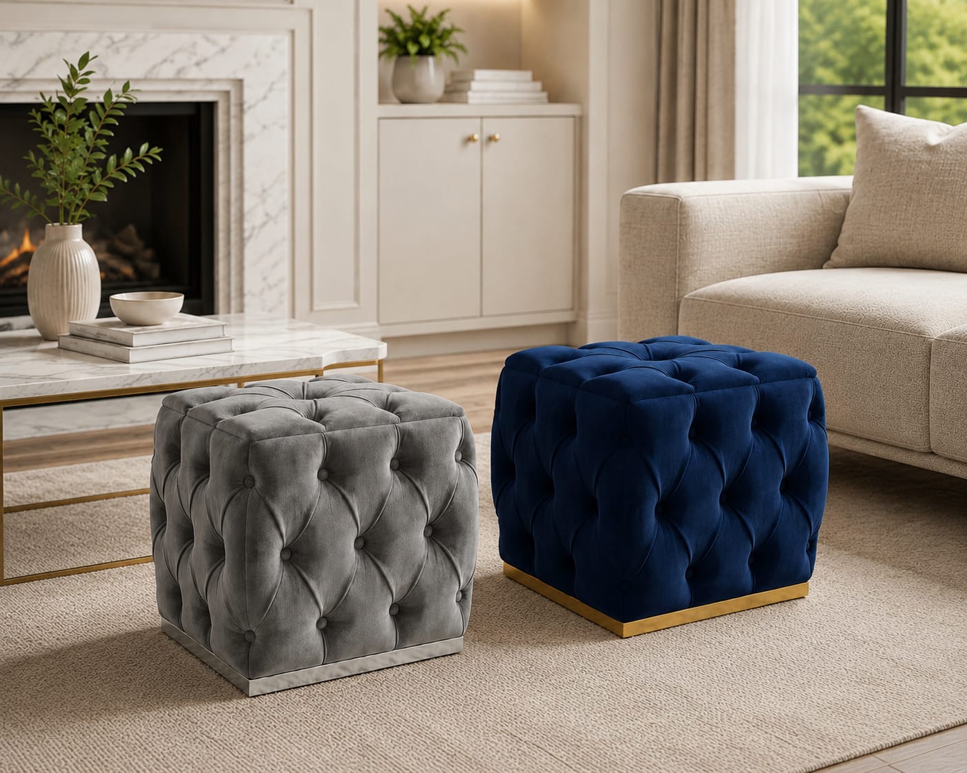 Square Chesterfield Luxury Velvet Stools F I INTERIORS