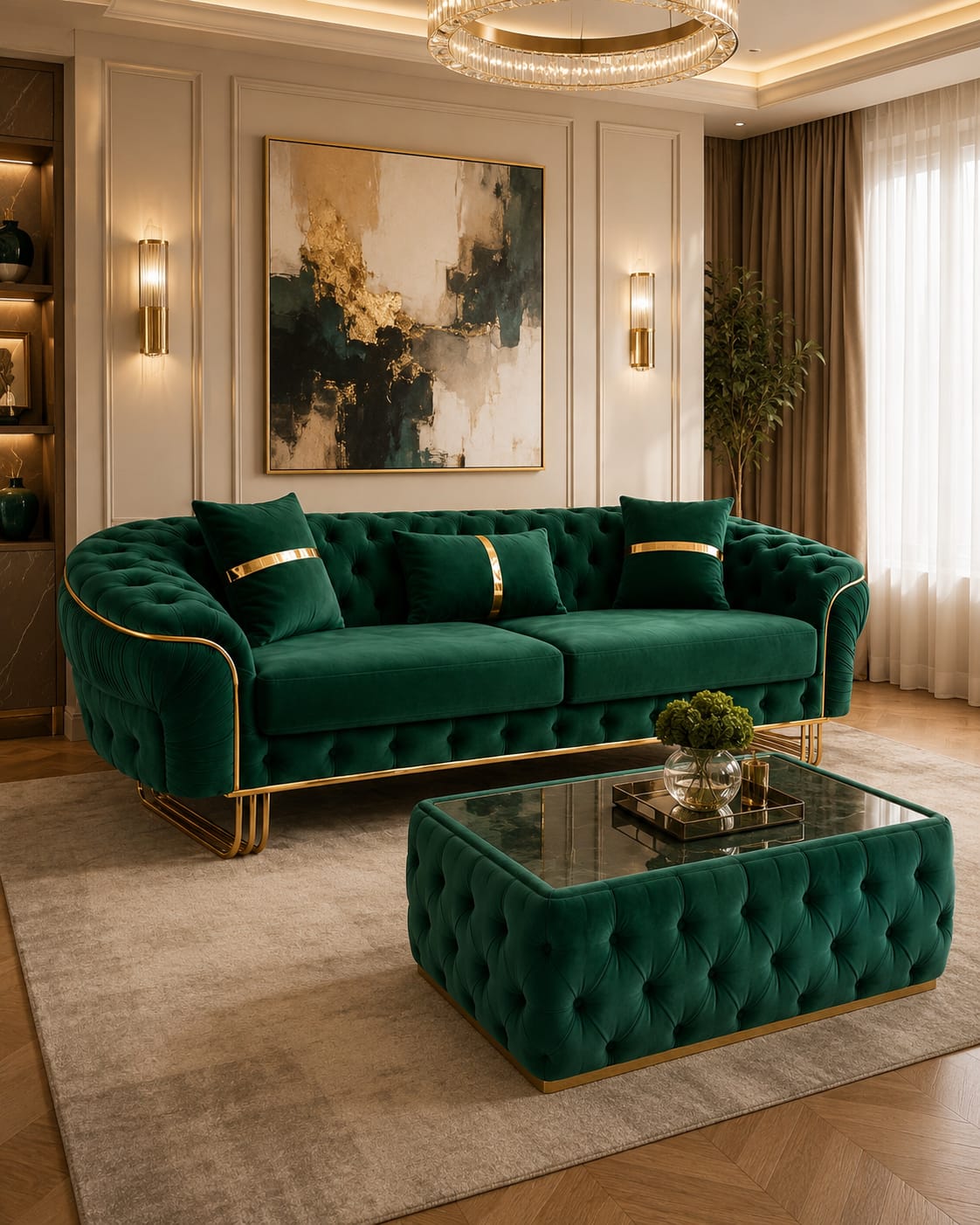 Ambassador 3-Seater Sofa & Matching Upholstered Coffee Table – Emerald Green Velvet with Gold Legs & Detailing CELEBRITY INTERIORS