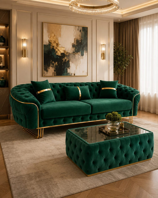 Ambassador 3-Seater Sofa & Matching Upholstered Coffee Table – Emerald Green Velvet with Gold Legs & Detailing CELEBRITY INTERIORS