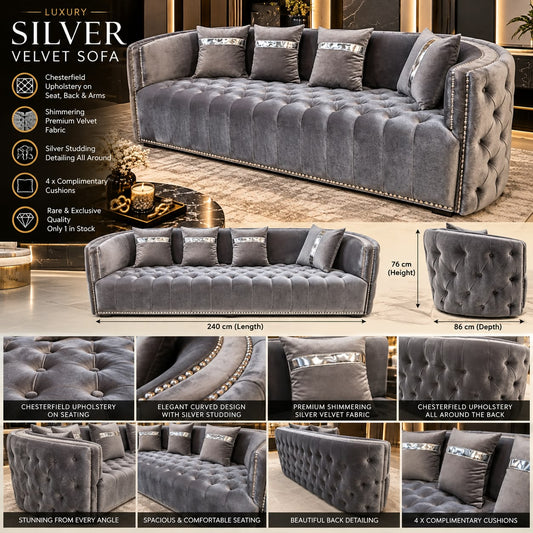 Luxury Silver Velvet 3 Seater Chesterfield Sofa - Deep Buttoned Seating with Studded arms Livara Interiors