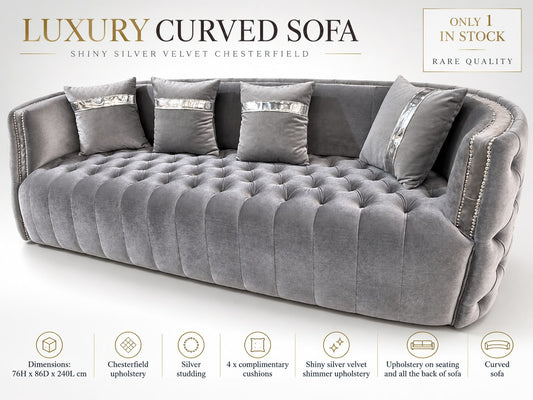 Luxury Silver Velvet 3 Seater Chesterfield Sofa - Deep Buttoned Seating with Studded arms Livara Interiors