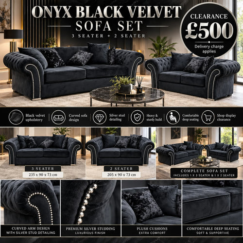 Onyx Black Velvet 3 &amp; 2 Seater Curved Sofa Set – Silver Studded Shop Display Clearance Livara Interiors