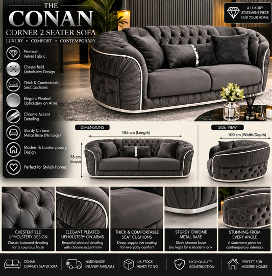 Konan 2 Seater Sofa  Grey Velvet with Chrome Detailing & Legs | Modern Luxury Sofa Livara Interiors