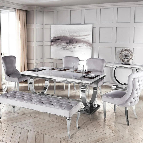Arianna Marble Dining Table – 1.5m & 1.8m, Stainless Steel Base