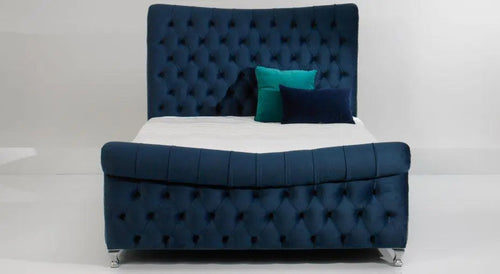 Devina Sleigh Plush Velvet Bed – Bespoke Curved Chesterfield Bedframe (Handcrafted in the UK)