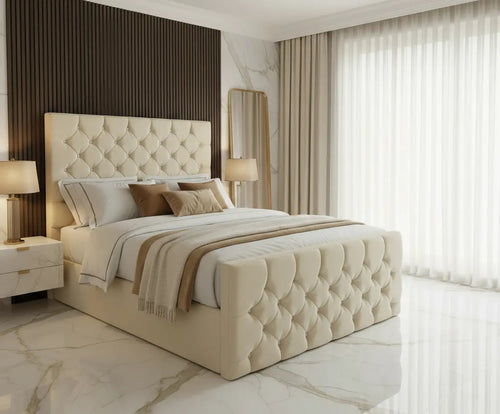 Enigma Ottoman Gaslift Bed – Crushed Velvet Upholstery with 54" Floor-Standing Headboard
