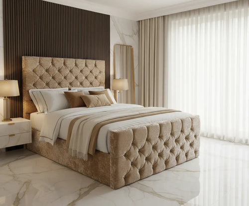 Enigma Ottoman Gaslift Bed – Crushed Velvet Upholstery with 54" Floor-Standing Headboard