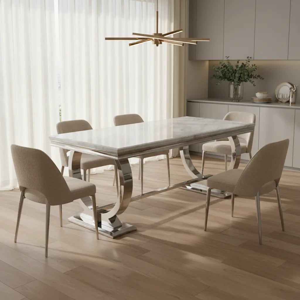Arianna Marble Dining Table – 1.5m & 1.8m, Stainless Steel Base