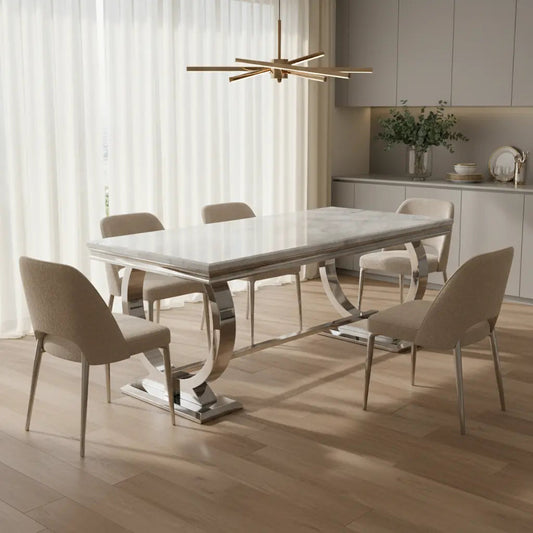 Arianna Marble Dining Table – 1.5m & 1.8m, Stainless Steel Base