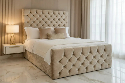 Enigma Ottoman Gaslift Bed – Crushed Velvet Upholstery with 54" Floor-Standing Headboard